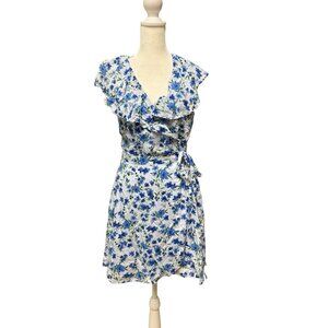Gianni Bini Blue Floral Wrap Dress Size S Ruffle V-Neck Tie Waist